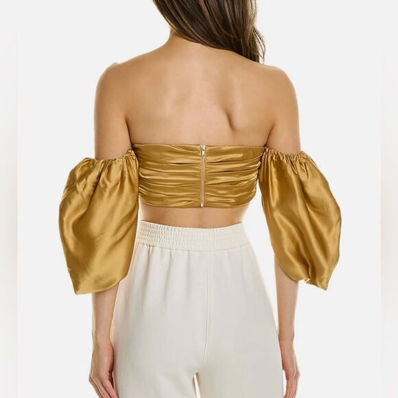 Aiifos Beatriz Silk Top Crop Size Medium Gold Puff Sleeves Revolve - Picture 2 of 7